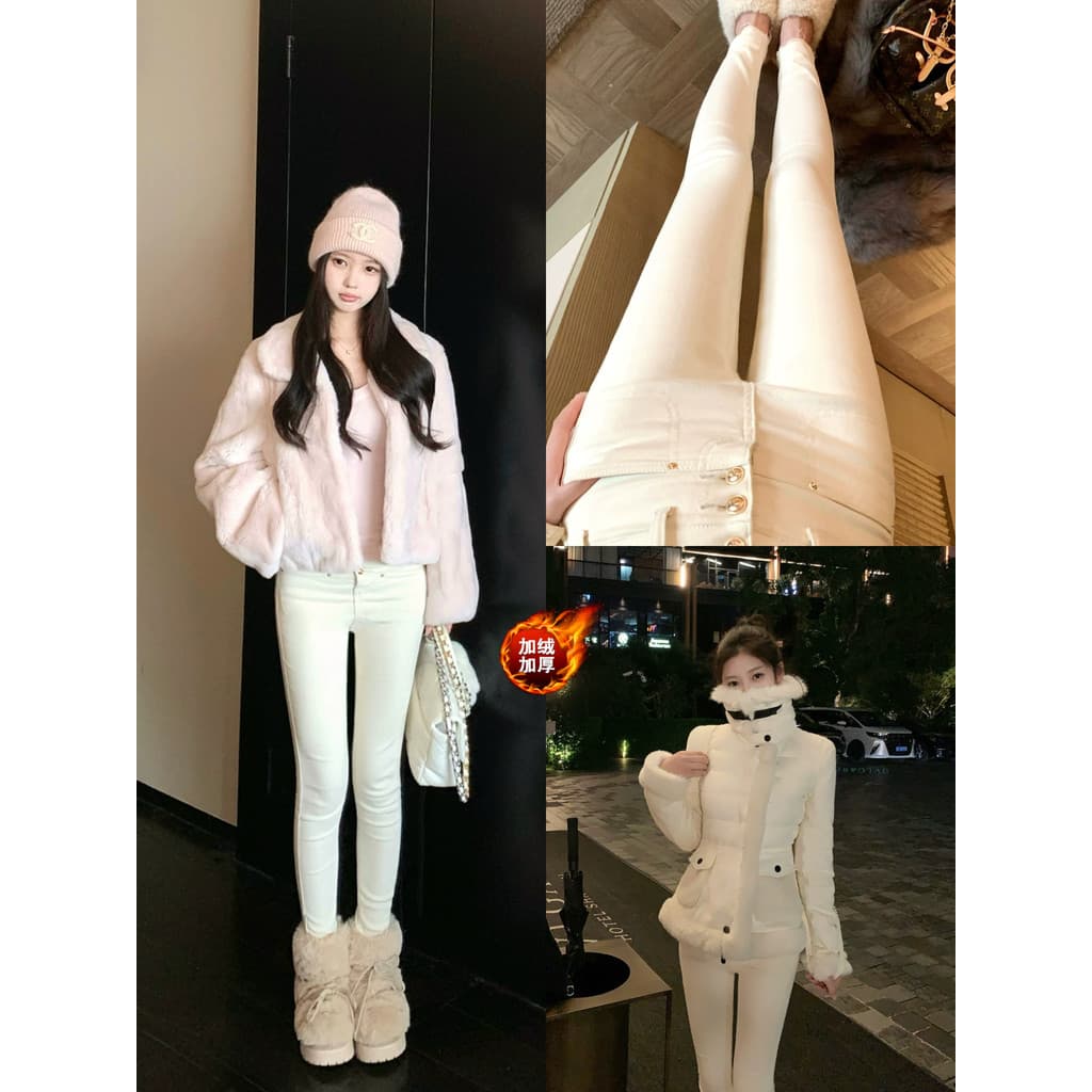 [Top Beautiful Pants] Versão invencível de lã sem virilha presa com três botões de cintura alta Skinny