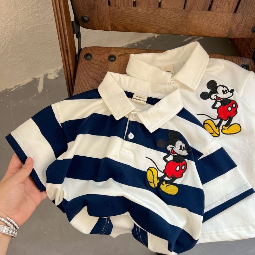 Camiseta do Mickey Mouse 2024 Verão para Meninas Bebê com Gola Listrada de Manga Curta Roupas Infantis de Algodão com Es