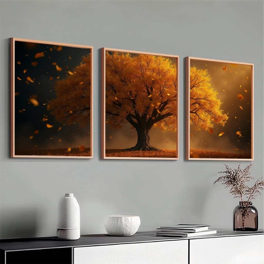 Conjunto 3 Quadros Moldura Arvore Dourada 40x60 Sala Grande Escritório