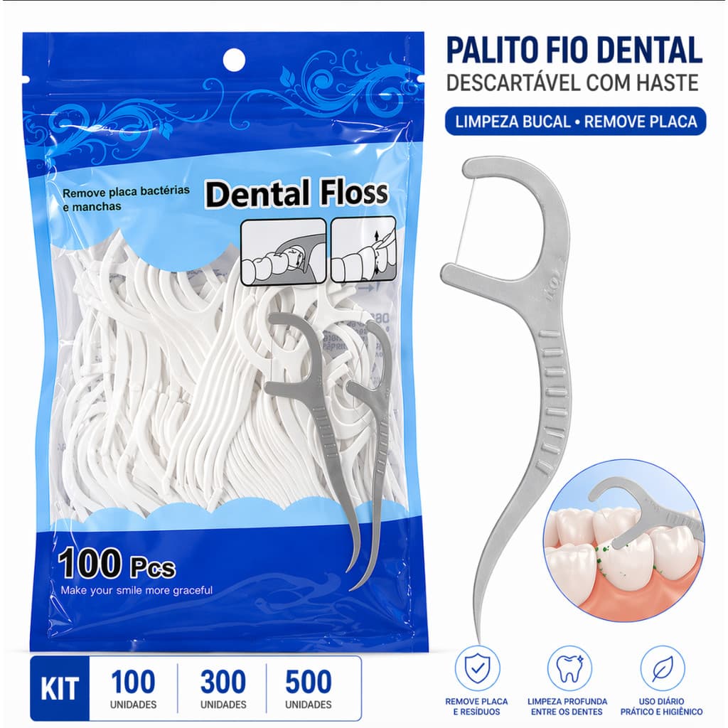 Kit 100 300 500 Fio Dental com Haste Descartável Palito Limpeza Bucal Remove Placa