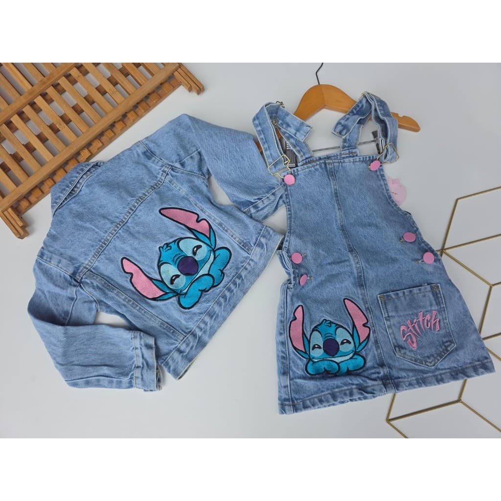 Conjunto jardineira Stitch e Jaqueta jeans- modinha menina