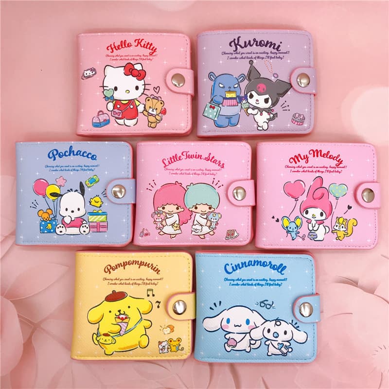 Linda carteira casual com botões em PU da Hello Kitty, Cocoa Moro, My Melody, Kuromi Sanrio.