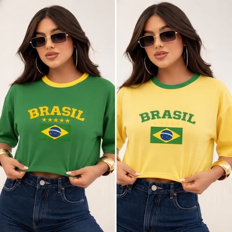Kit 2 Cropeed Oversized Feminino Brasil 100 % Algodão Copa do Mundo 2026