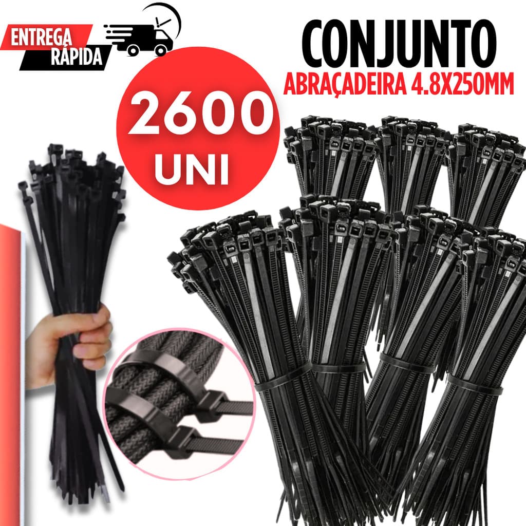Jogo 2600 Abraçadeiras Nylon Preta Enforca Gato 250mm x 4,8mm Utilidades Multifuncional