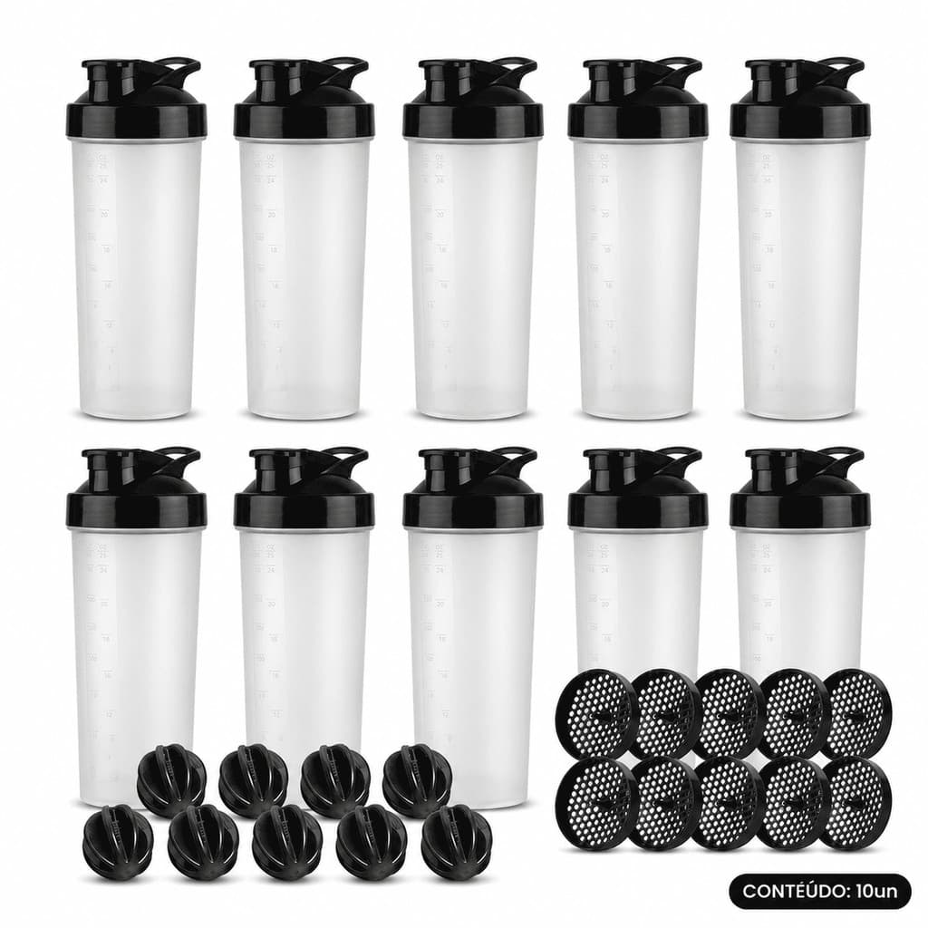 Kit 10 Garrafinhas Coqueteleiras de Água / Whey 750ML Academia com Peneira + Esfera Misturadora