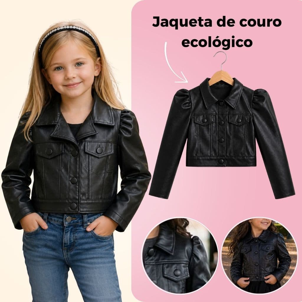 Jaqueta Infantil Feminina Couro ecologico Preta Estilo Blogueirinha Menina 2 a 10 anos