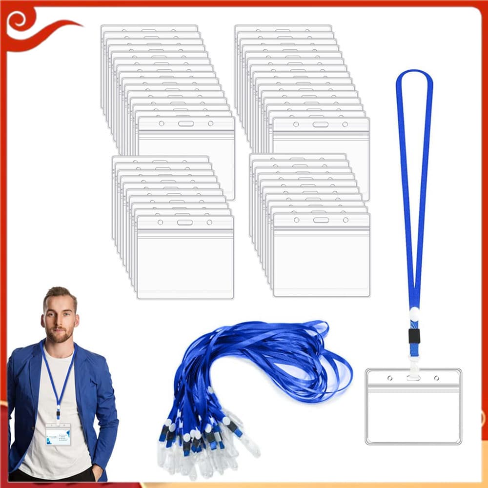 Cordão azul com suporte de identificação à prova d'água, 50 porta-crachás horizontais, cordão Universal para pescoço