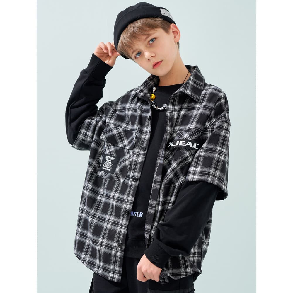Hoo roupas infantis meninos Retro camisas de manga comprida falso de duas peças camisas xadrez infantis médio grande cri