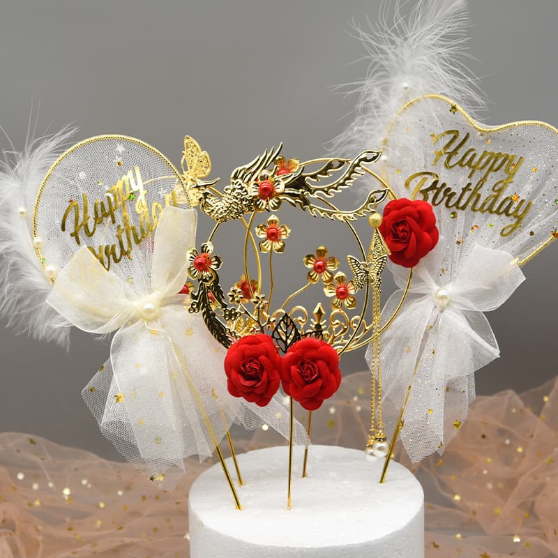 Cartão de decoração de bolo estilo retrô arte em ferro anel dourado rosa borla pingente arco Phoenix bandeira ornamentos