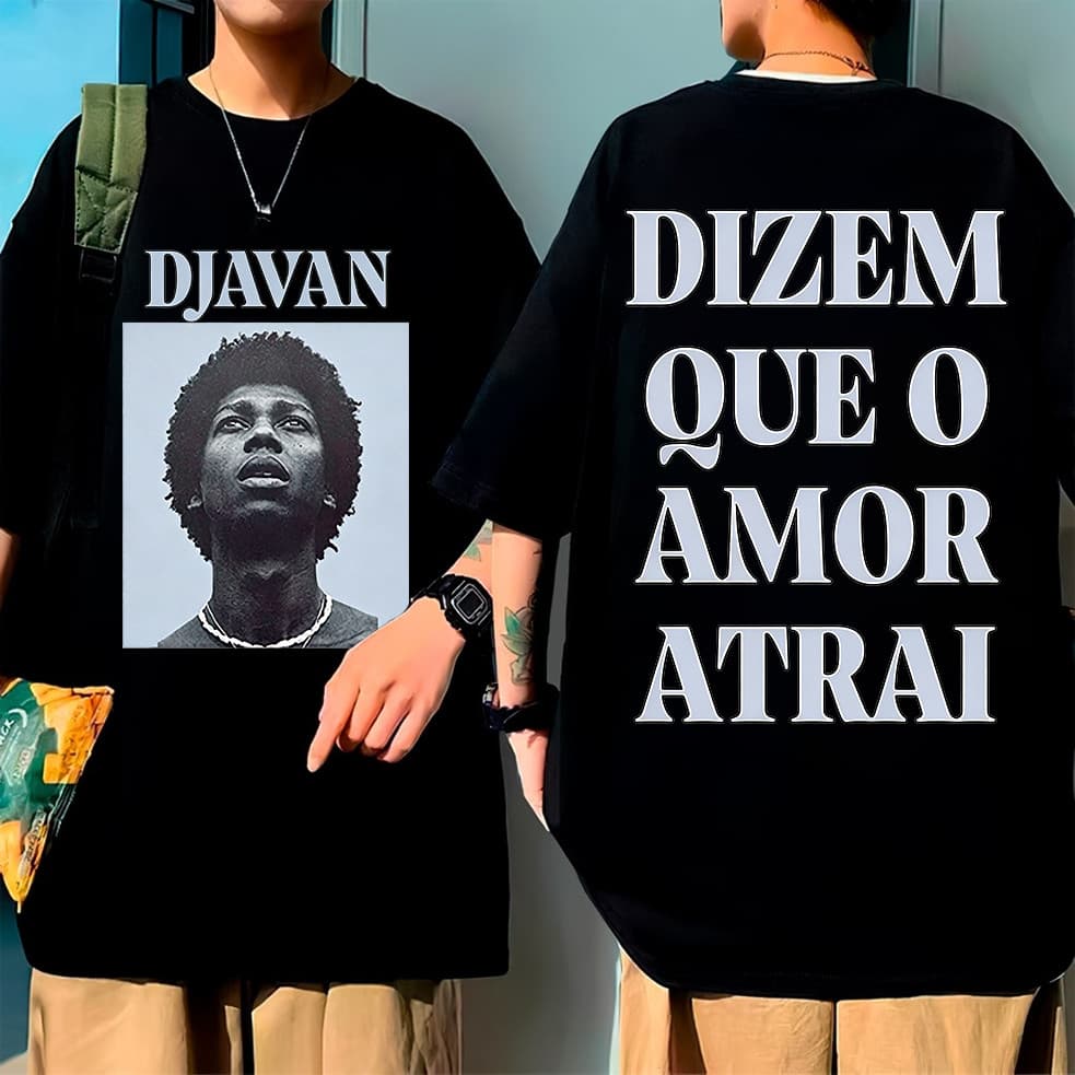 2026 Camiseta Oversized Unissex Preta de Algodão, Alta Qualidade, Estampa Djavan com Frase