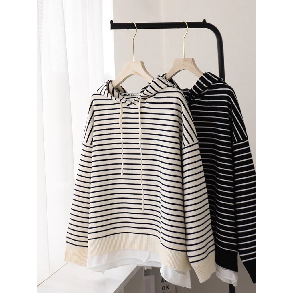 Top de comprimento médio feminino capa bunda estilo ocidental listrado falso suéter com capuz de duas peças feminino mal