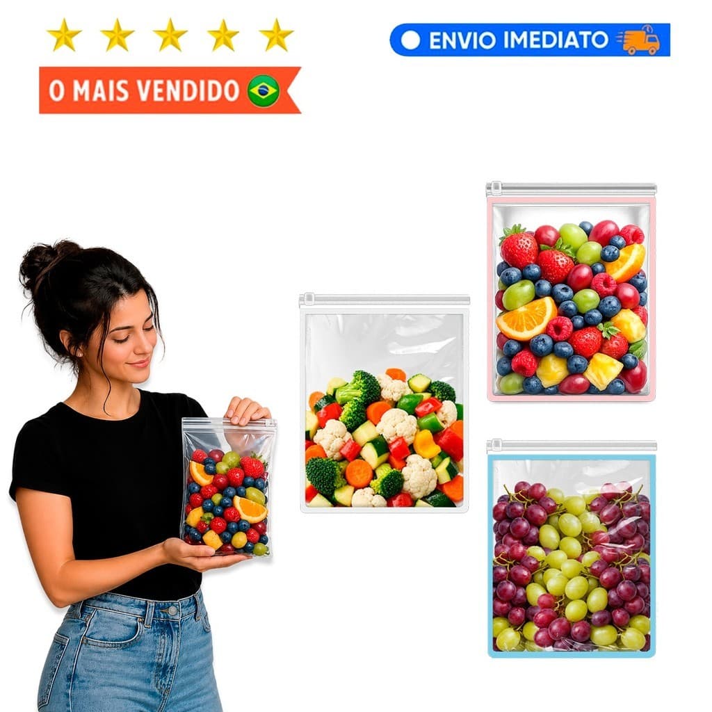 Kit Saquinho Ziplock para Frutas e Legumes Frescor Prolongado e Organização na Geladeira impermeável
