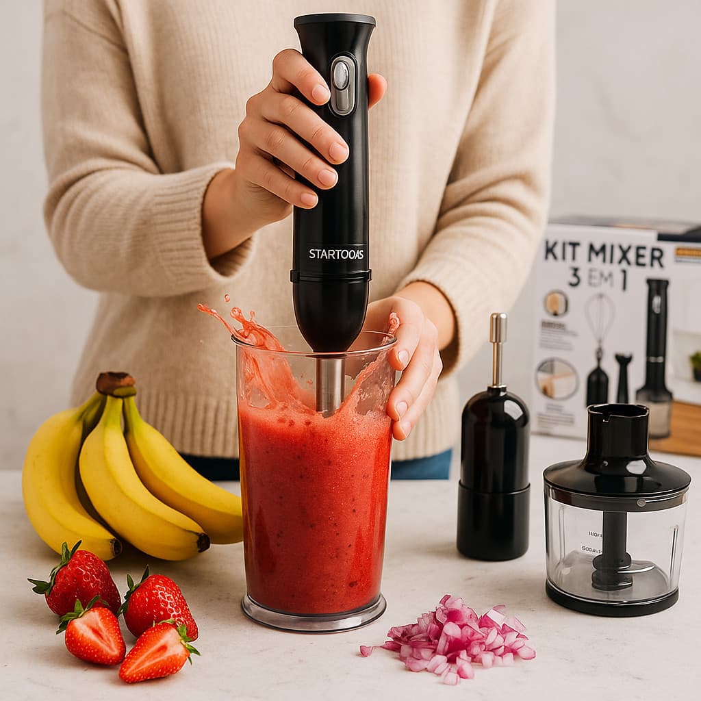 Kit 3 em 1 Mixer Alimentos Misturador Processador Esmagador Cozinha Receitas