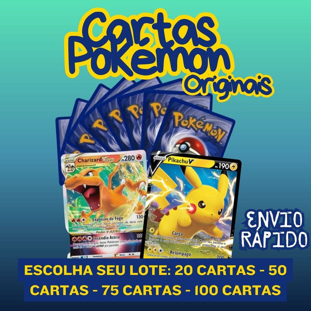 Cartas Pokémon Originais Lote 20 50 75 ou 100 Sem Repetição Envio Rápido