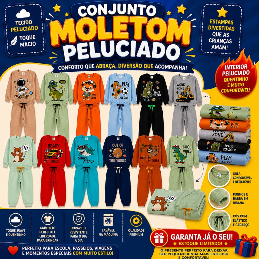 Kit 3 Conjuntos Moletom Infantil Menino Inverno Sortido 6 Peças de Roupas Masculino – 3 casacos + 3 calças do 1 ao 8