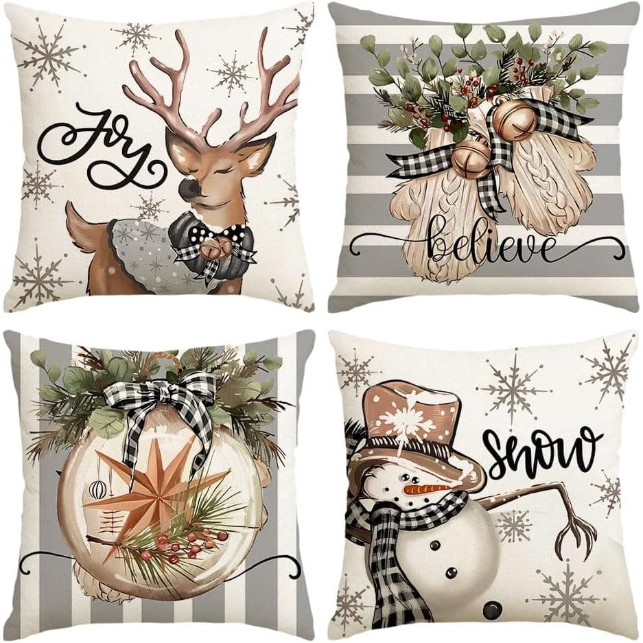 RABUSOFA Capas de Almofada de Natal 20x20 Polegadas, Conjunto de 4, Decorações de Natal com Boneco de Neve e Rena, Capas