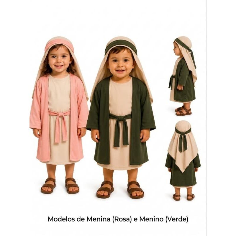 Fantasias bíblicas infantil para menino e menina, o kit contém 2 faixas, 1 véu e 2 túnicas.