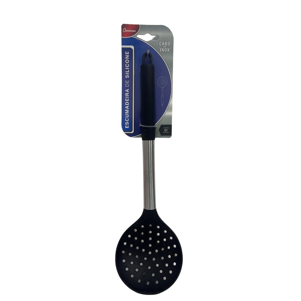 Escumadeira Silicone Preta Cabo Inox 34cm