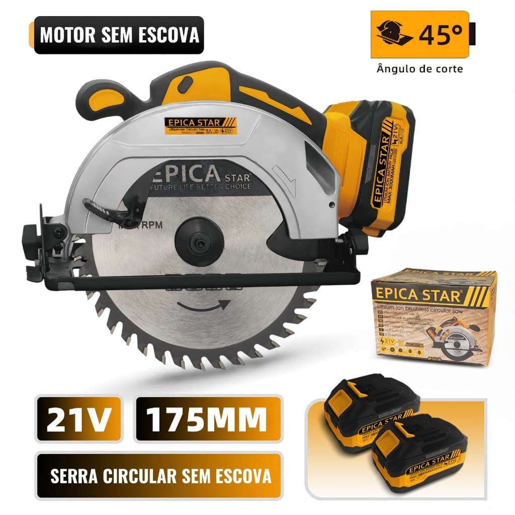 21V Elétrico Serra Circular Profissional 7”/175mm Com 2 Baterias