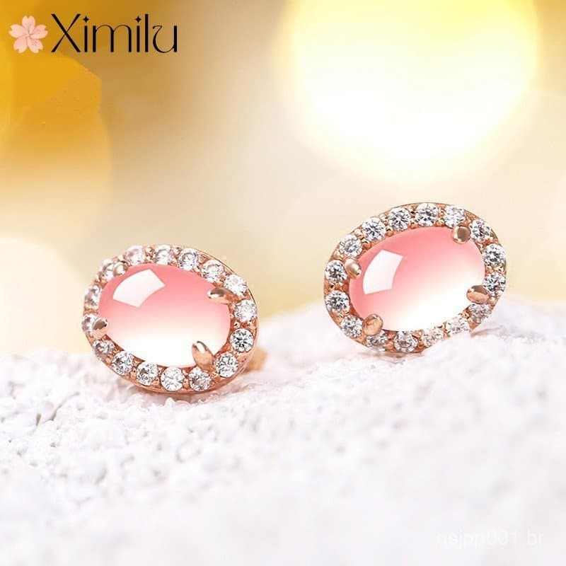 ❤ Original hibisco pedra temperamento diamante-cravejado rosa cristal rosa brincos de ouro senhoras pequenos brincos ore