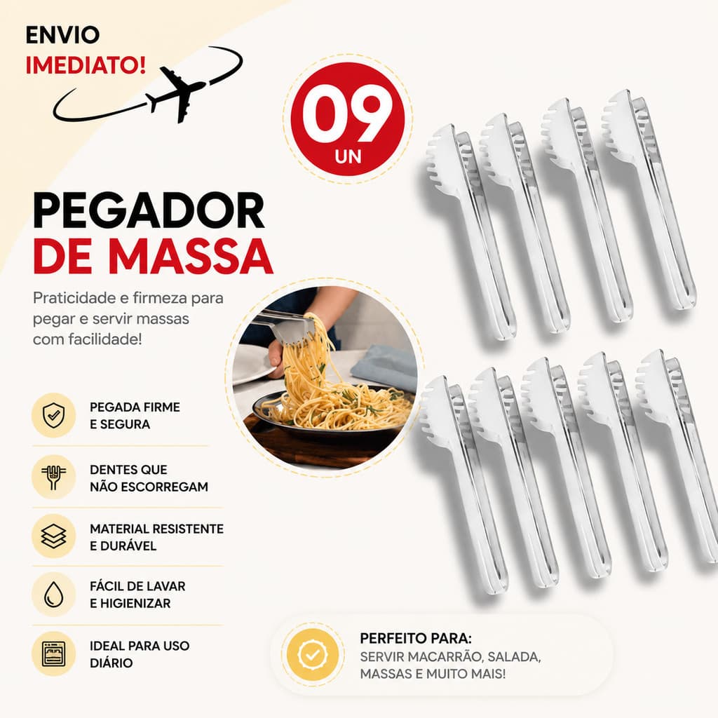 Pegador Inox Para Massa Macarrão Salada Cozinha Kit 9 Peças * Envio Imediato *