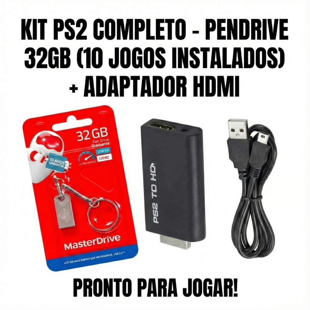 KIT PENDRIVE 32GB  + 10 JOGOS DE PS2 JÁ INSTALADO + ADPATADOR HDMI