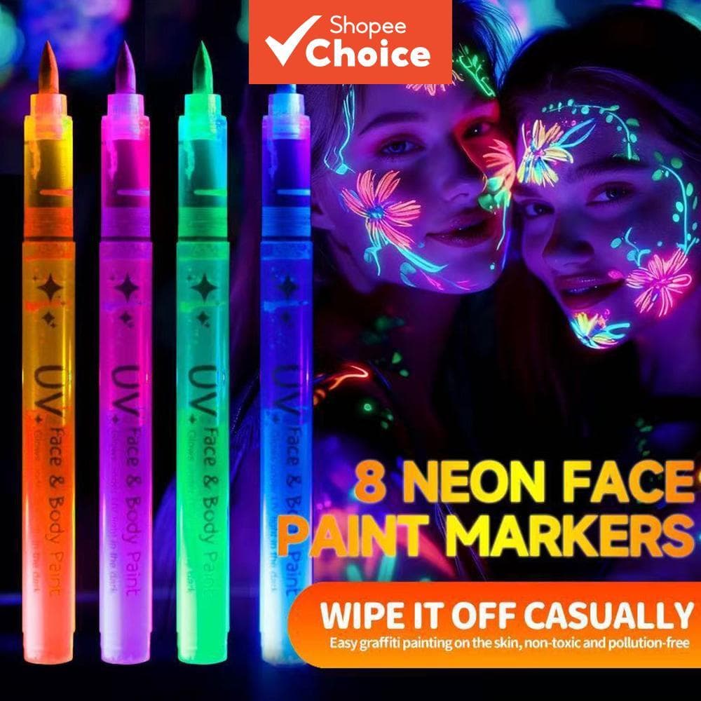 Caneta Fluorescente Luminosa para o Corpo, Rosto e Mãos, 8 Peças, Cores Brilhantes, Marcador de Tinta com Glitter,