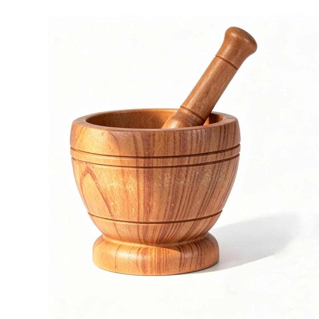 Pilão e soco de resina com textura de bambu, ferramenta tradicional de trituração. Moa ervas, especiarias e grãos em pó,