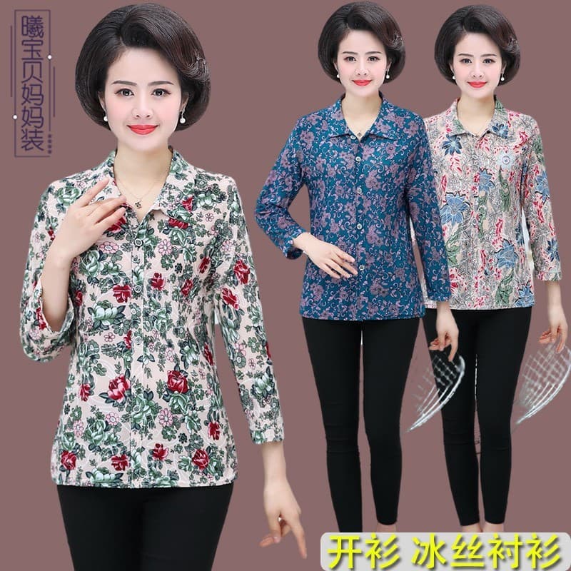 Senhoras camisa de seda gelo 2023 estilo verão mãe vestido lapela Floral Cardigan leite seda topo meia-idade avó camisa