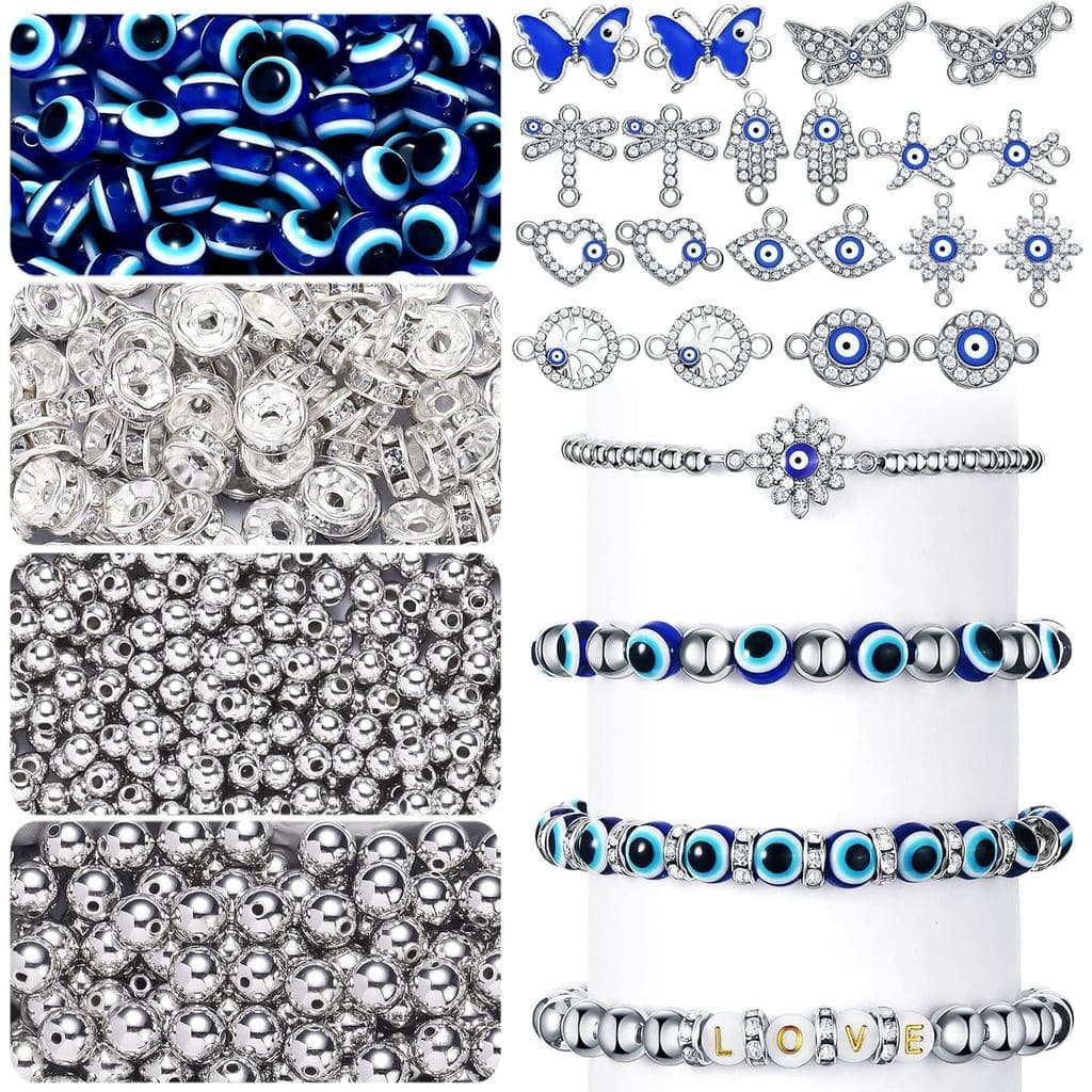 Hicarer 920 Pieces Evil Eye Beads for Jewelry Making Includes 20 Evil Eye Rhinestone Charms 4mm and 8mm Round Beaded for