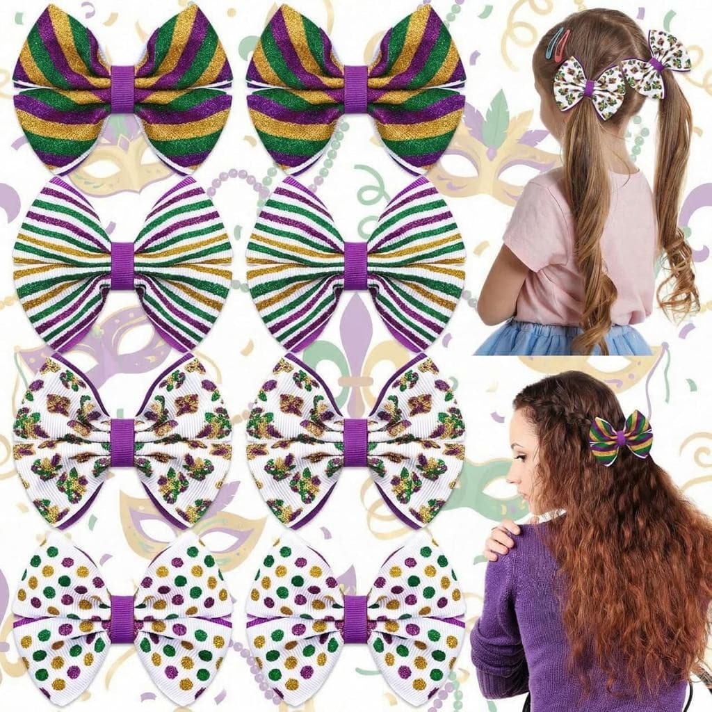 8 Peças de Presilhas de Cabelo com Laço para Mardi Gras, Brilhantes, Roxas, Amarelas e Verdes, Acessórios de Cabelo com