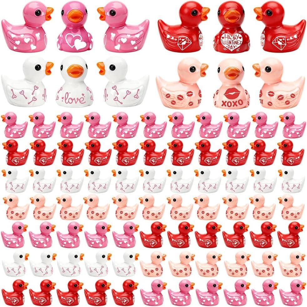 AWEELON100PCS Valentine's Day Mini Resin Duck Tiny Duck Figurines Resin Bulk Multicolor Mini Ducks Miniature for G