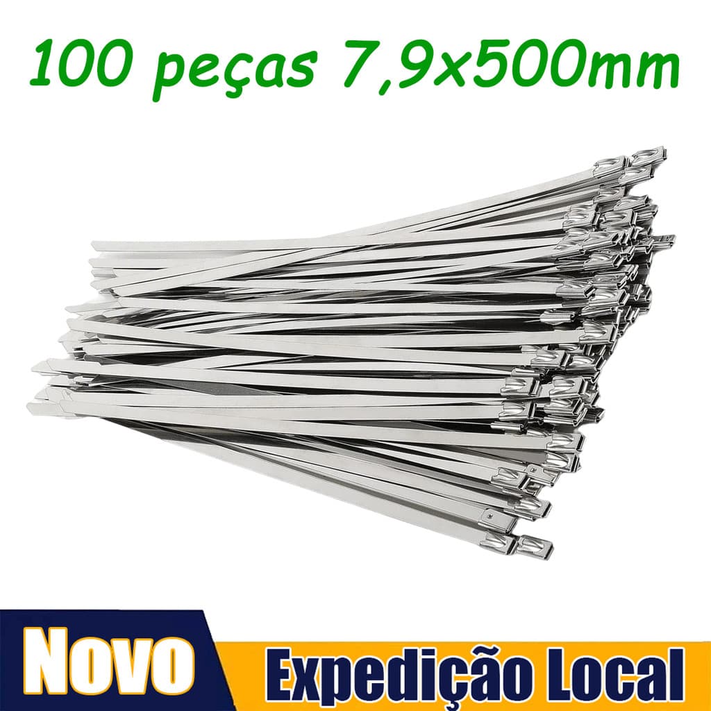 Kit de 100 Pcs Abraçadeiras Zip Tie Enforca Gato Lacre 304 Inox 7.9x500mm, Abraçadeira metálica com zíper