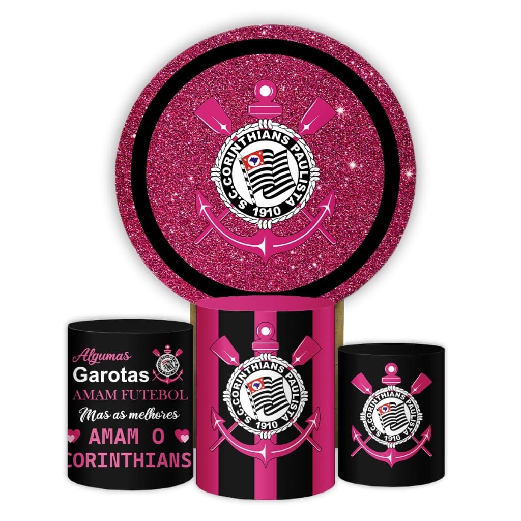 Decoração Corinthians Rosa Capa Painel Redondo E Cilindros Para Festa Infantil Feminina Veste Fácil