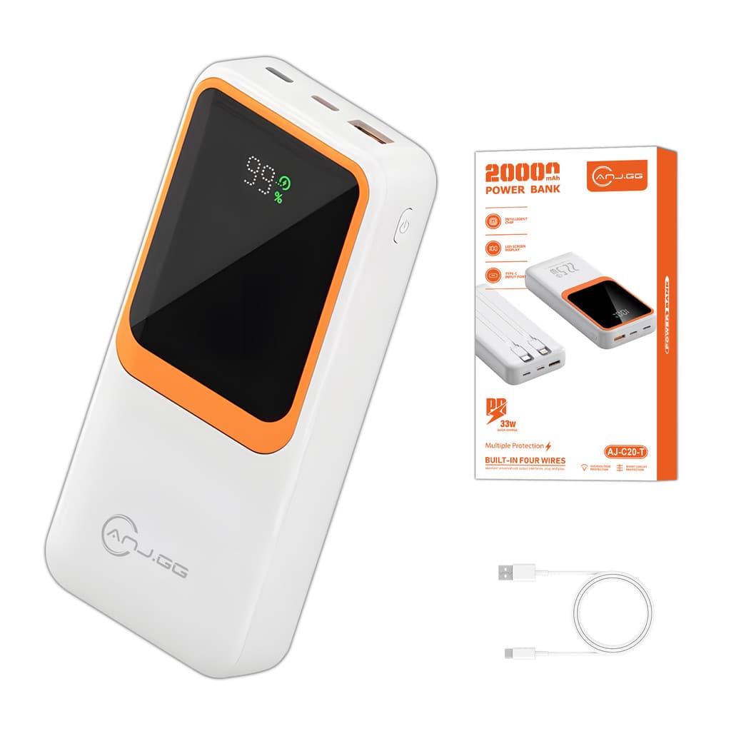 Power Bank 20000mAh Carregador Portátil 33W Turbo Com 2 Cabos Embutidos Visor Digital LED