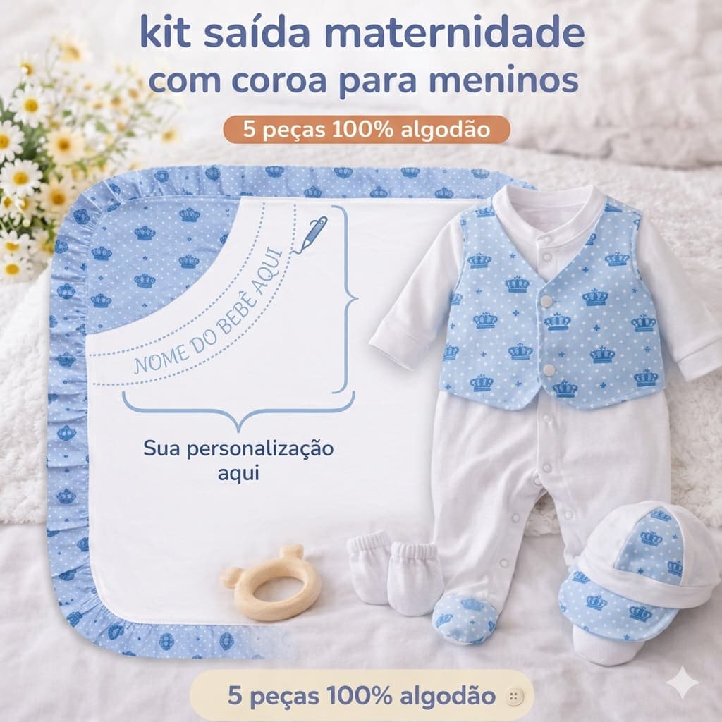 Kit personalizado, Saída Maternidade para Menino estampa de Coroa 5 Peças 100% Algodão Antialérgico Confortável