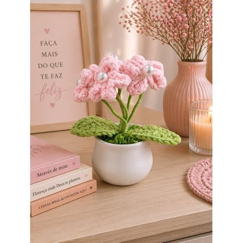 Flor Decorativa Crochê Vaso Plástico 10cm Artesanal Colorida Artificial