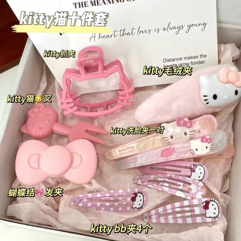 15/10 Pçs Conjunto De Grampos De Cabelo De Gato Bonito Acessórios Rosa Estilo Japonês Laços Doce Menina Coração Hairpin