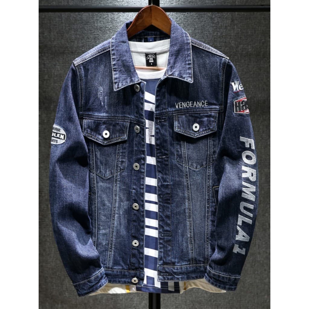 Primavera outono novo estilo denim jaqueta masculina estilo Hong Kong denim jaqueta carta bordado rua Wear roupas exteri
