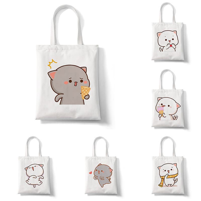 Bolsa de Lona com Estampa de Gato Peach & Goma Bolsa de Compras Reutilizável Feminina Bolsa de Ombro Casual Chic