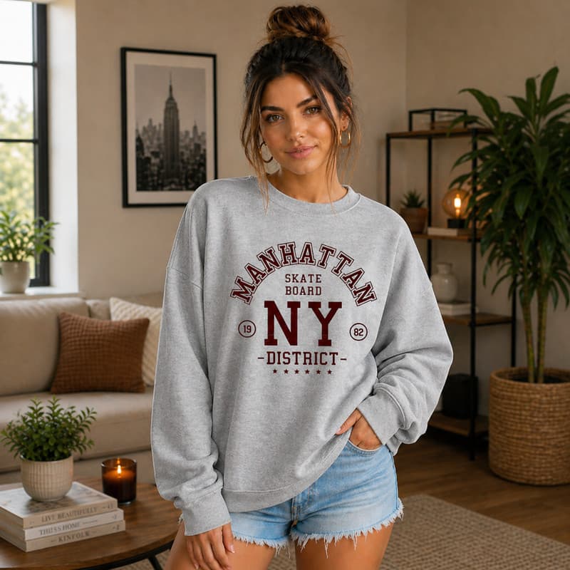 Blusa Moletom Gola Careca Sueter Feminina Estilosa Estampa Manhattan NY Gola Redonda