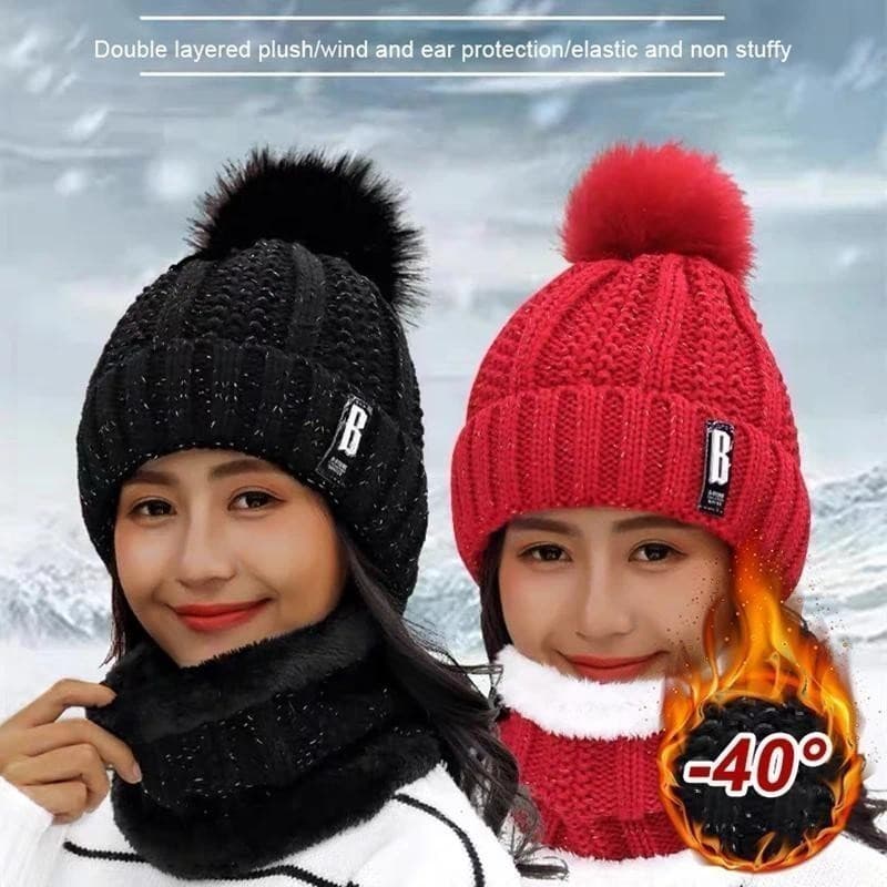 Conjunto de Gorro e Cachecol de Inverno em Tricô, Gorros Grossos e Quentes para Mulheres, Bonés Sólidos para Esqui e Pas