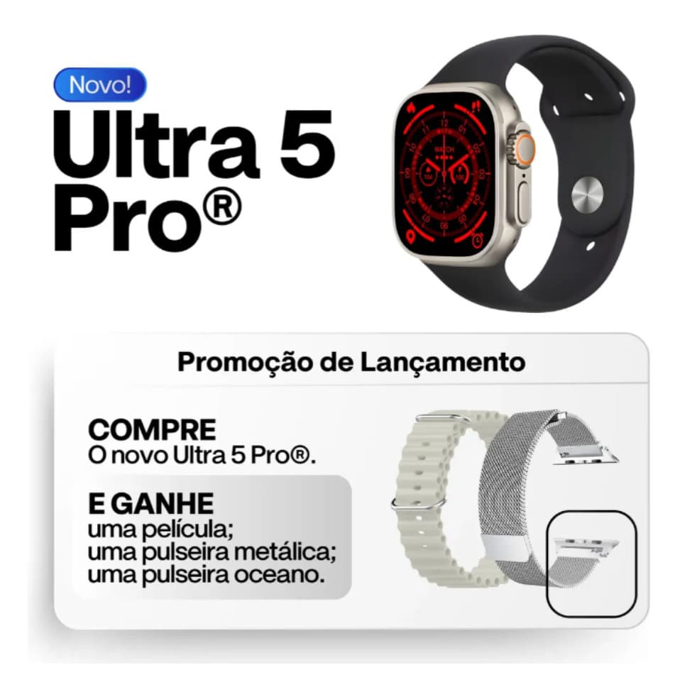 Smartwatch Lançamento 2026 Ultra 5 Pro Amoled -Prova Dágua + Ligações + WhatsApp Microwear Original