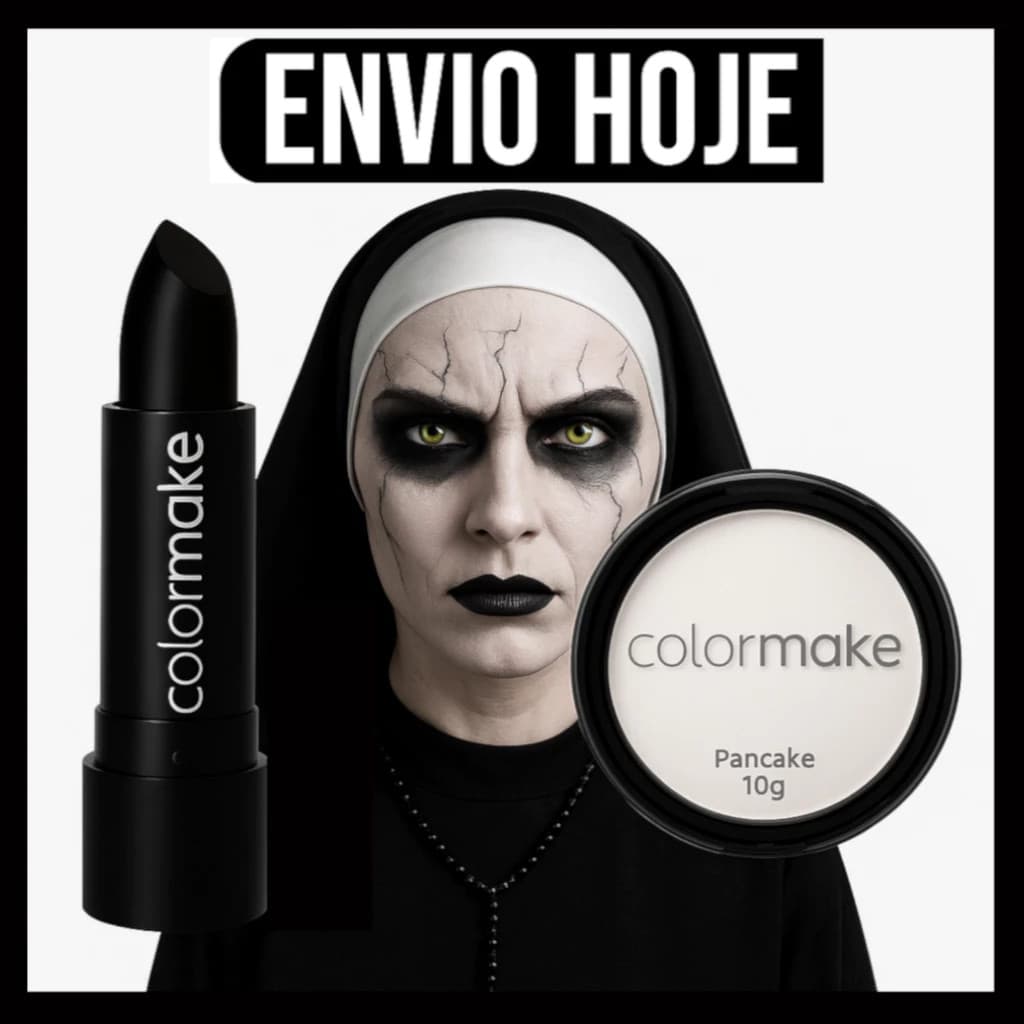 Kit Pancake Branco + Batom Preto Colormake Halloween Maquiagem Artística Bruxa Festa Fantasia Góticos e Teatro Artístico