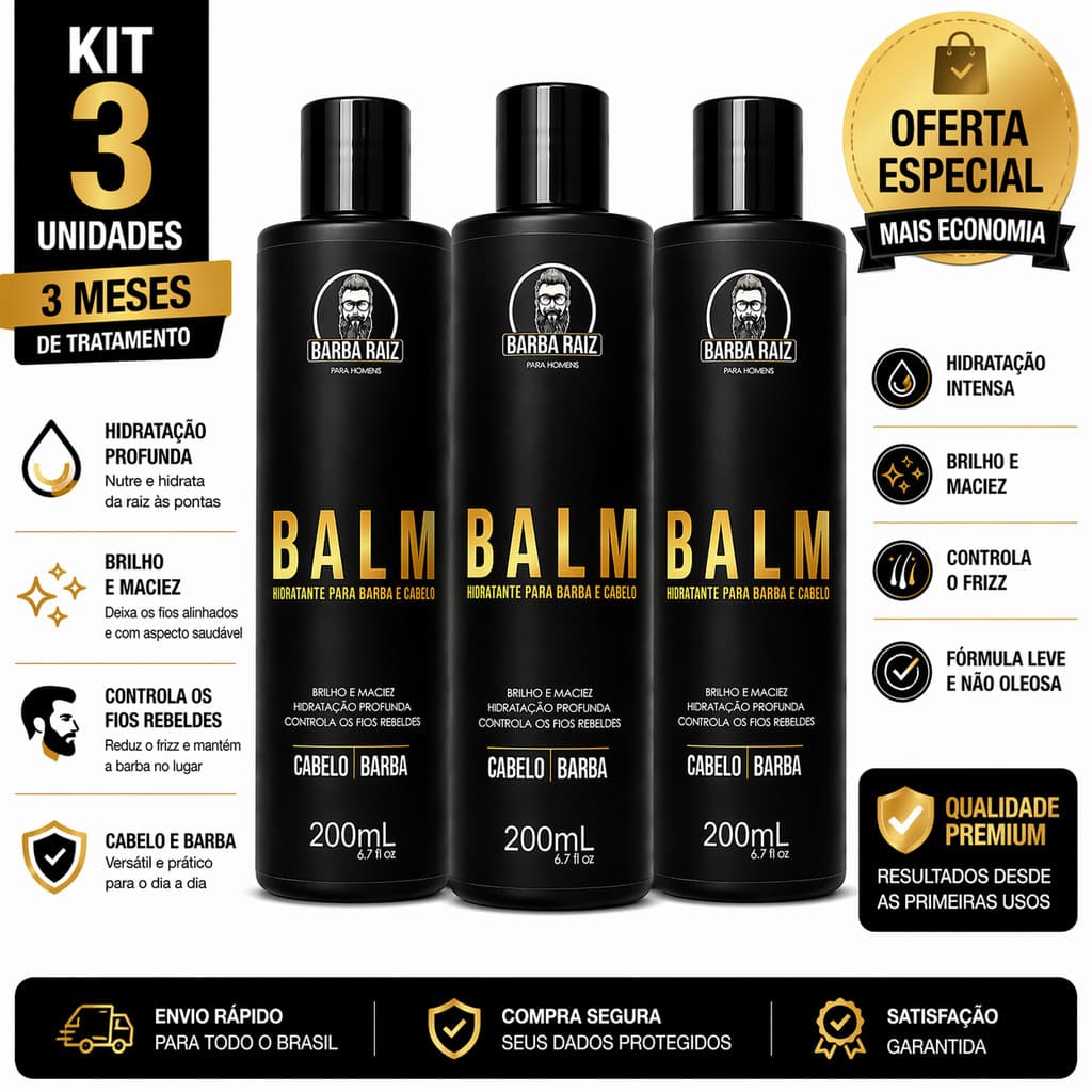 Kit 3 Balms Barba Raiz Para  Hidratação e Maciez da  Barba