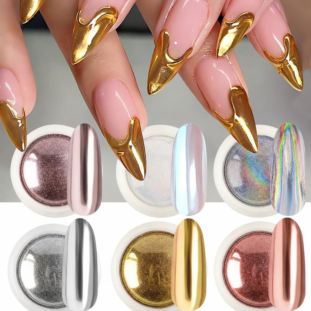 Kit Com 6 Potes Pó Cromado Espelhado Para Unhas Nail Brilhantes