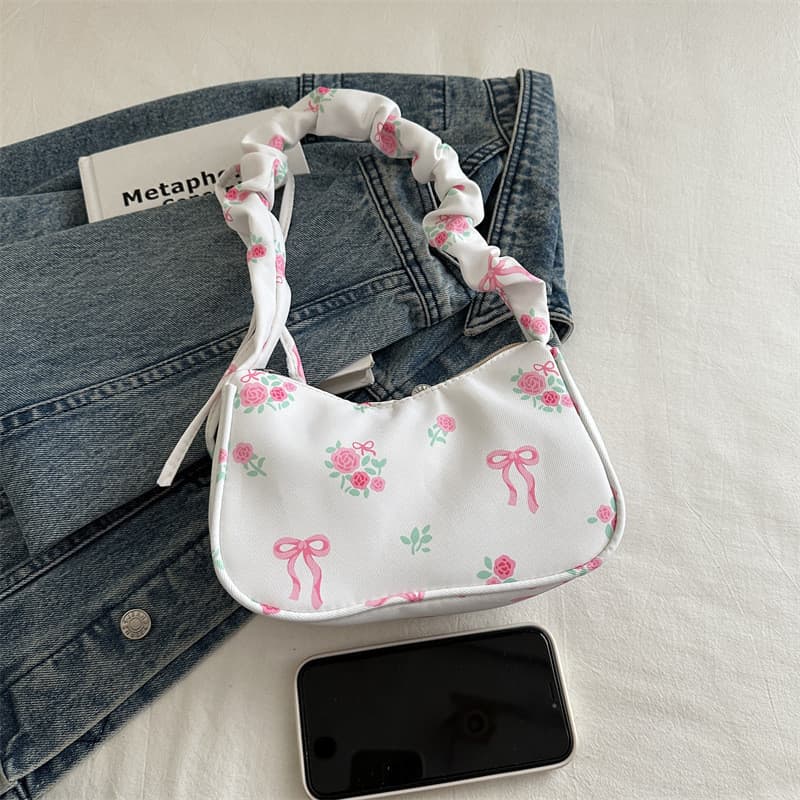 Bolsa Feminina Lona Estampa Lacinho Alça Com Cordão Ajustável Axilar Luxo - Y2K Coquette