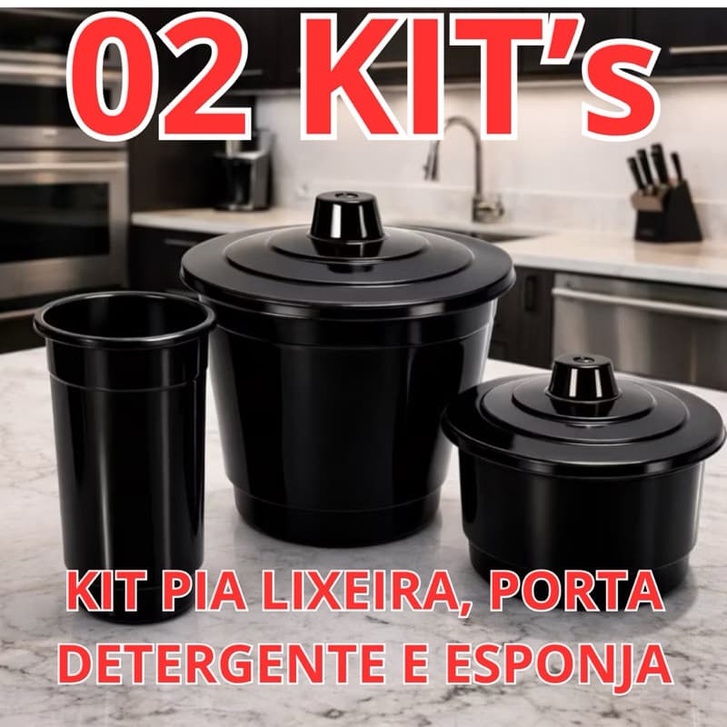 Kit Pia com 3 Peças de Plástico Para Cozinha Com Cesto de Lixo e Porta Esponja e Detergente - 02 Unid