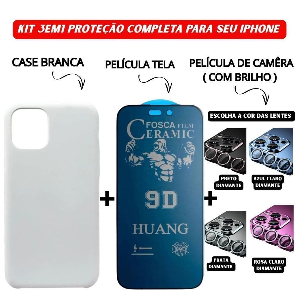 Kit 3em1 Case Branca + Película Cerâmica Fosca Privacidade + Película Câmera Diamante iPhone 11 ao 16 Pro Max - Avatar
