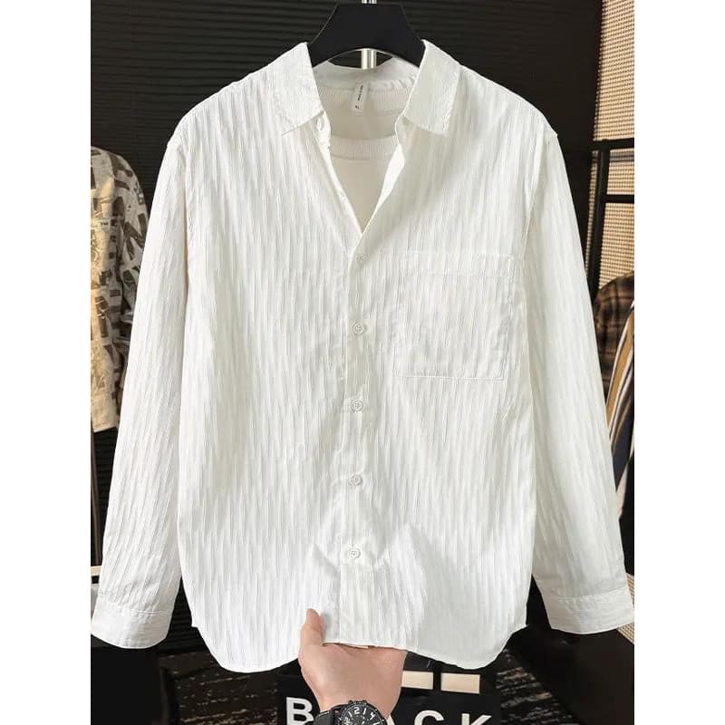 Luz estilo maduro Seersucker camisa Casual masculina Anti-rugas verão solto High-End gelo seda protetor solar camisa de